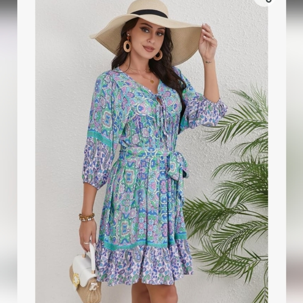 Women's Bohemian Dress V Neck Front Tie 3/4 Long Sleeve Floral A Line Beach Boho